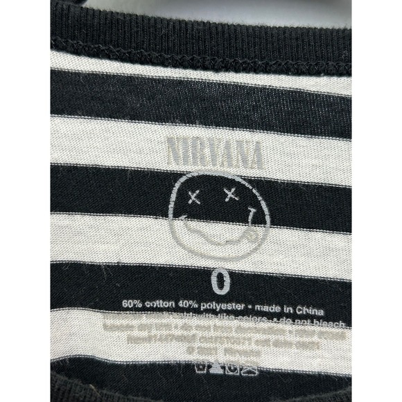 Nirvana Smiley Face Graphic T-Shirt Black White Striped Band Tee Top - Picture 4 of 5